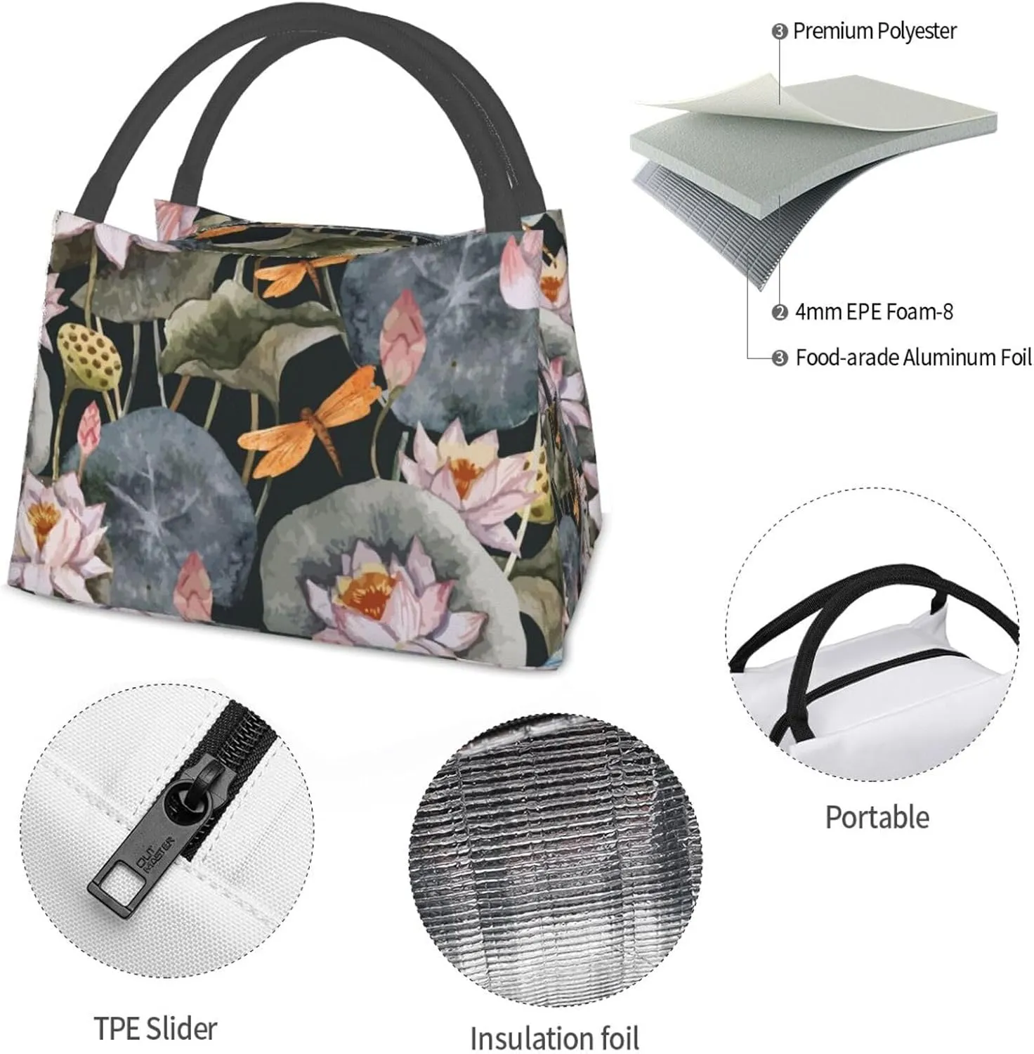 Lotus Flowers Lunch Bag for Women Men Adult Portable Insulated Lunch Box Tote Bag Reusable Travel Work Leakproof Thermal Cooler Lunch Snack Bags for Outdoor Office Picnic Camping