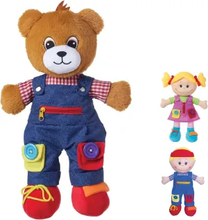 Love & Learn 17" Educational Bear - Soft Bear with Zipper, Button, Snap, Shoe Tie, & Self Fasten Skills/Sensory, Learning and Educational Doll to Teach Kids & Toddlers to Dress.