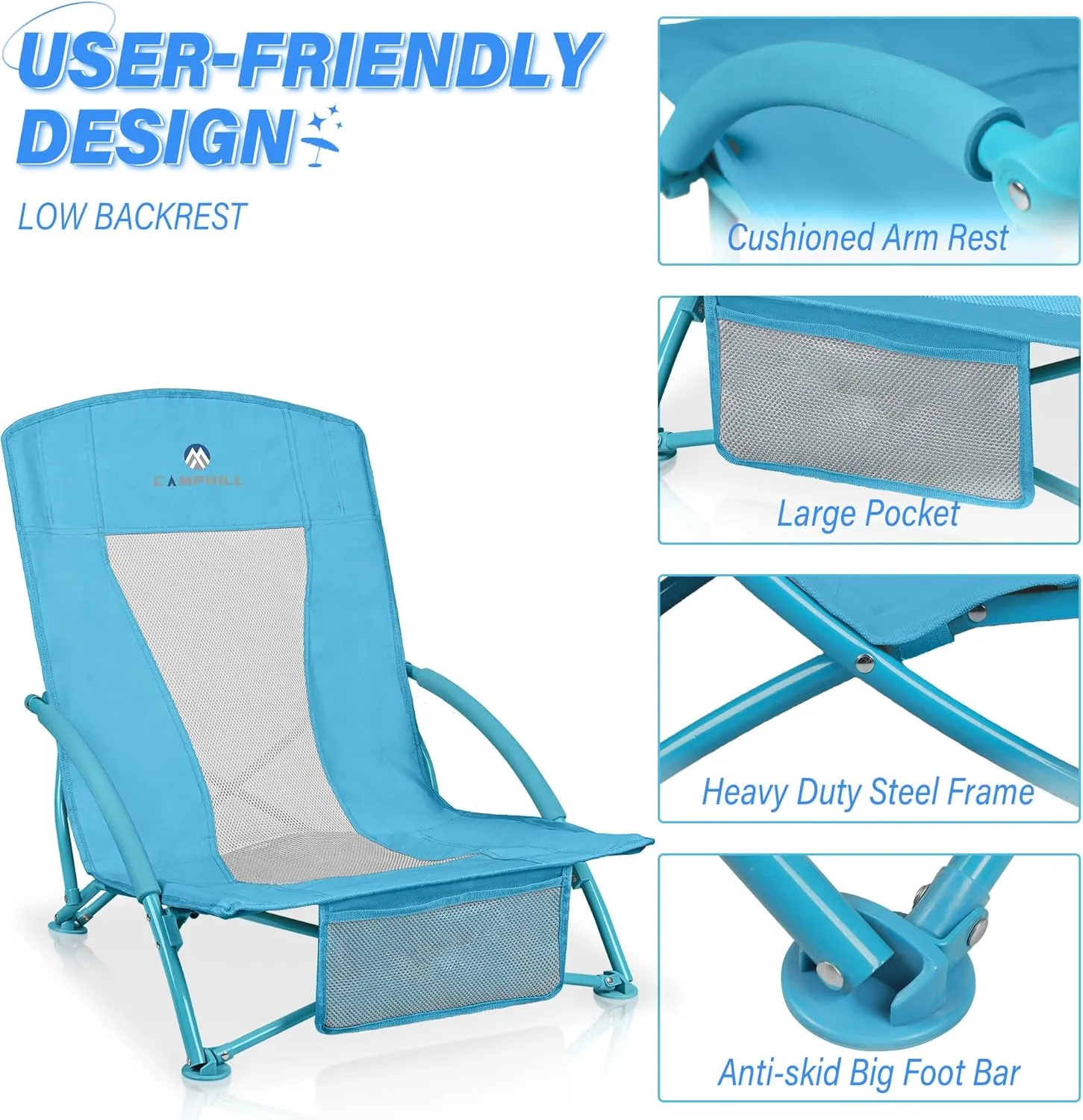 Low Beach Chairs 2 Pack,Folding Compact Low Seat Chairs for Adults w/Mesh Back,Cup Holder & Storage Bag,Heavy Duty Chair for Outdoor Sand,Travel,Camping,Picnic,Blue