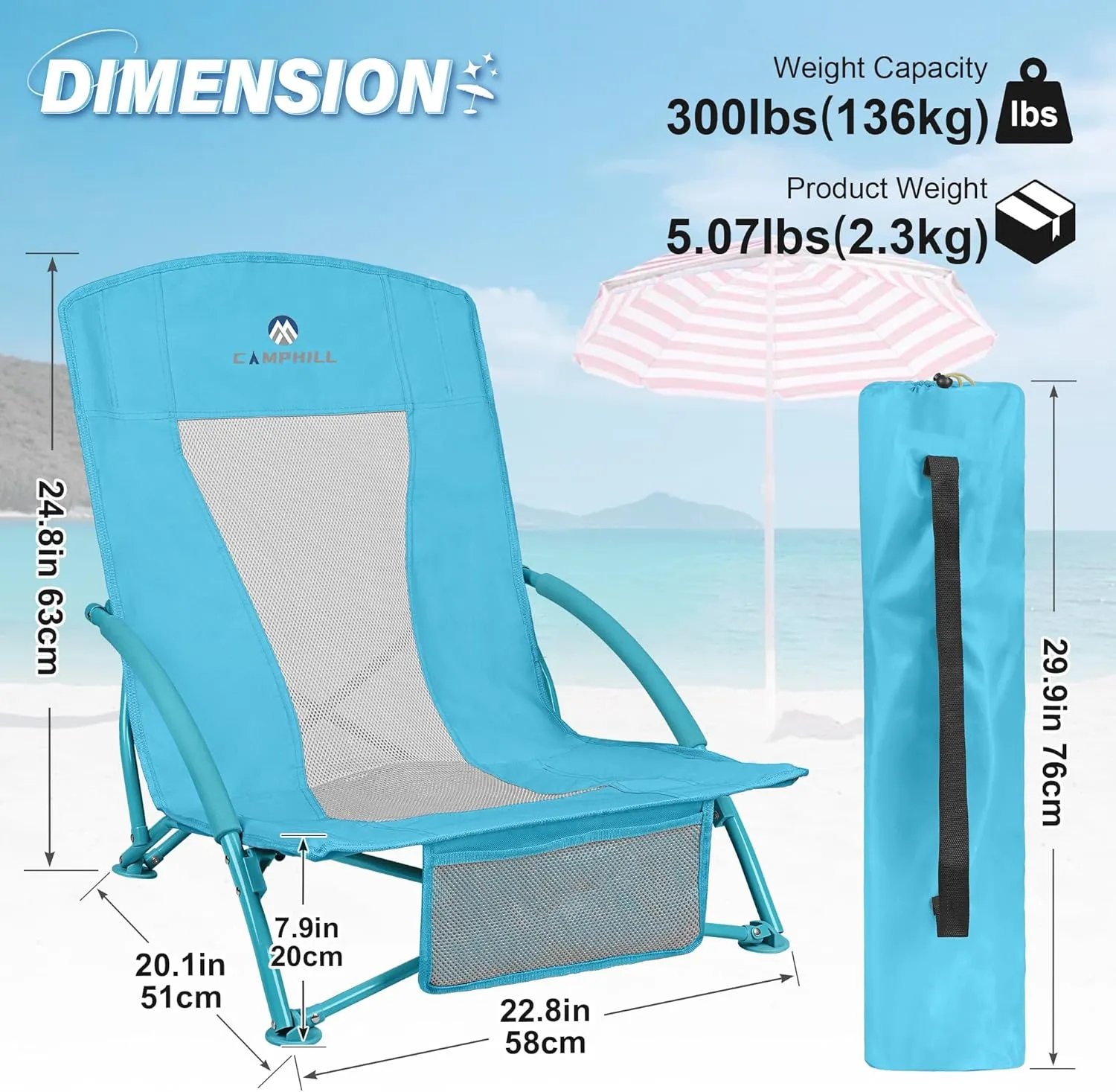 Low Beach Chairs 2 Pack,Folding Compact Low Seat Chairs for Adults w/Mesh Back,Cup Holder & Storage Bag,Heavy Duty Chair for Outdoor Sand,Travel,Camping,Picnic,Blue