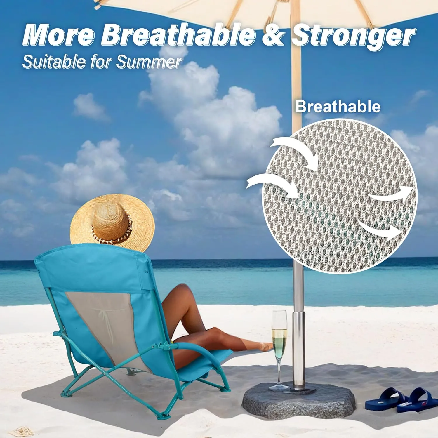 Low Beach Chairs 2 Pack,Folding Compact Low Seat Chairs for Adults w/Mesh Back,Cup Holder & Storage Bag,Heavy Duty Chair for Outdoor Sand,Travel,Camping,Picnic,Blue