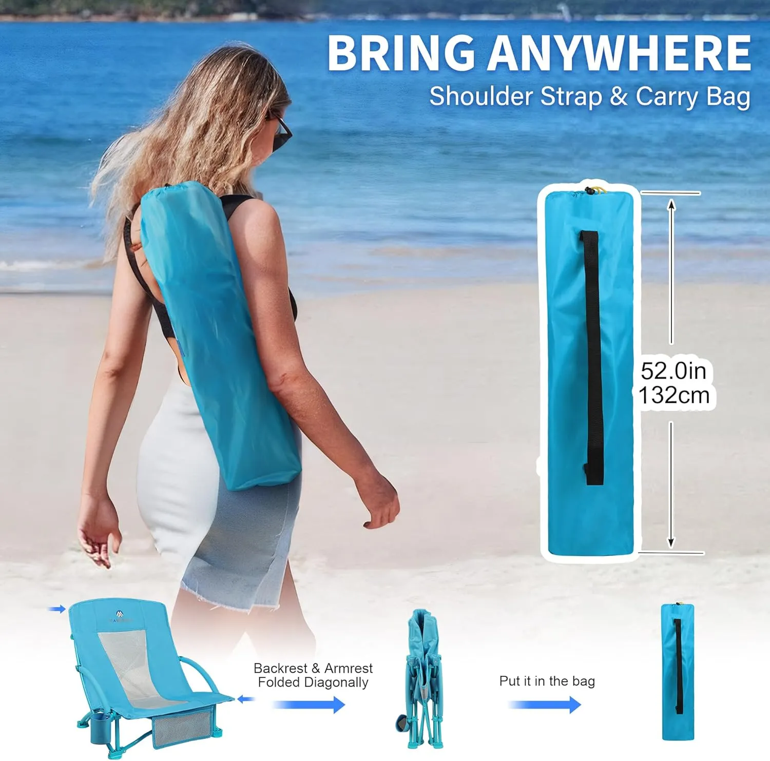 Low Beach Chairs 2 Pack,Folding Compact Low Seat Chairs for Adults w/Mesh Back,Cup Holder & Storage Bag,Heavy Duty Chair for Outdoor Sand,Travel,Camping,Picnic,Blue