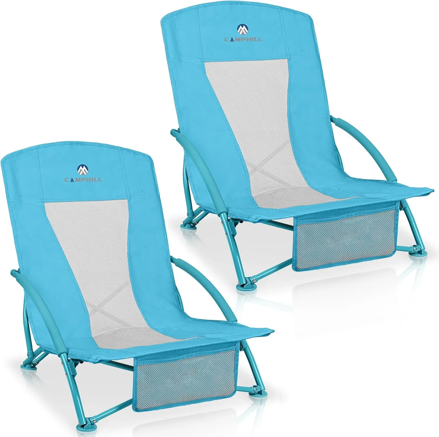 Low Beach Chairs 2 Pack,Folding Compact Low Seat Chairs for Adults w/Mesh Back,Cup Holder & Storage Bag,Heavy Duty Chair for Outdoor Sand,Travel,Camping,Picnic,Blue