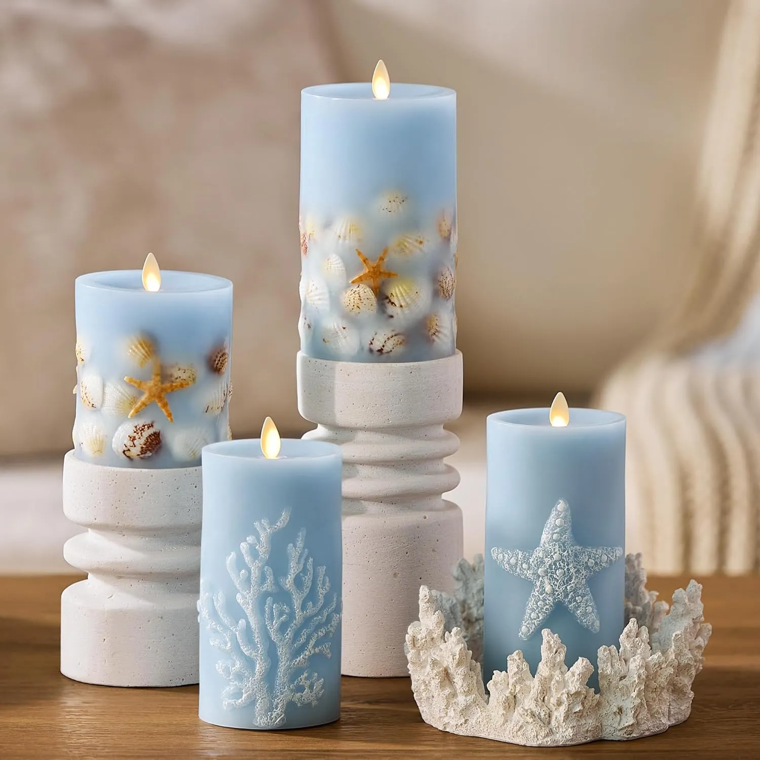 Luminara Flameless LED Candle Soft Chambray Embedded Seashell & Starfish Moving Flame Pillar Unscented Real Wax with Recessed Edge (4.5-inch)