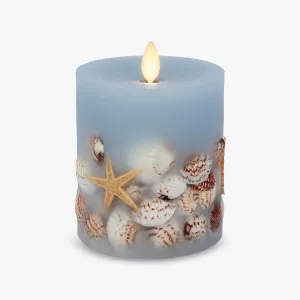 Luminara Flameless LED Candle Soft Chambray Embedded Seashell & Starfish Moving Flame Pillar Unscented Real Wax with Recessed Edge (4.5-inch)