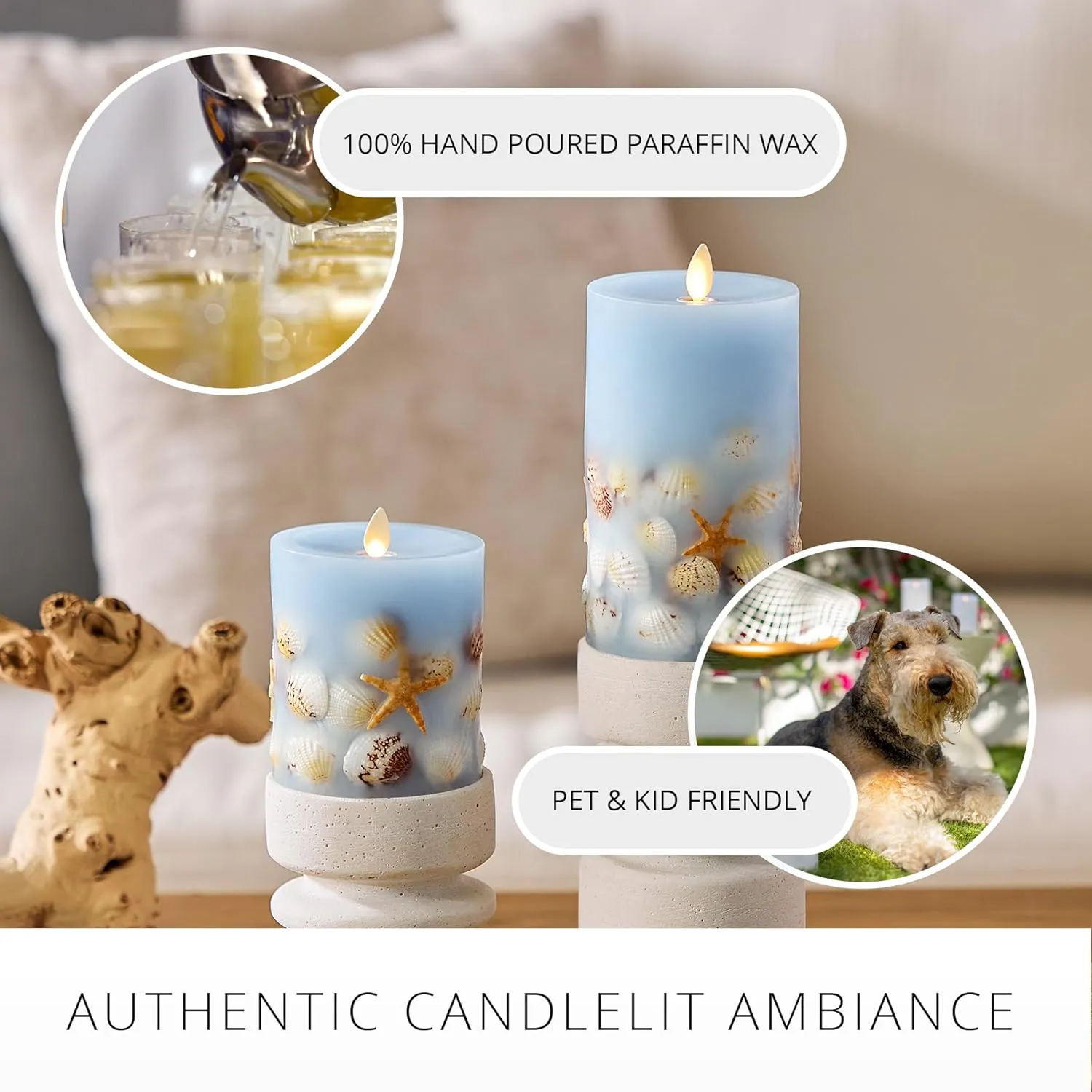 Luminara Flameless LED Candle Soft Chambray Embedded Seashell & Starfish Moving Flame Pillar Unscented Real Wax with Recessed Edge (4.5-inch)