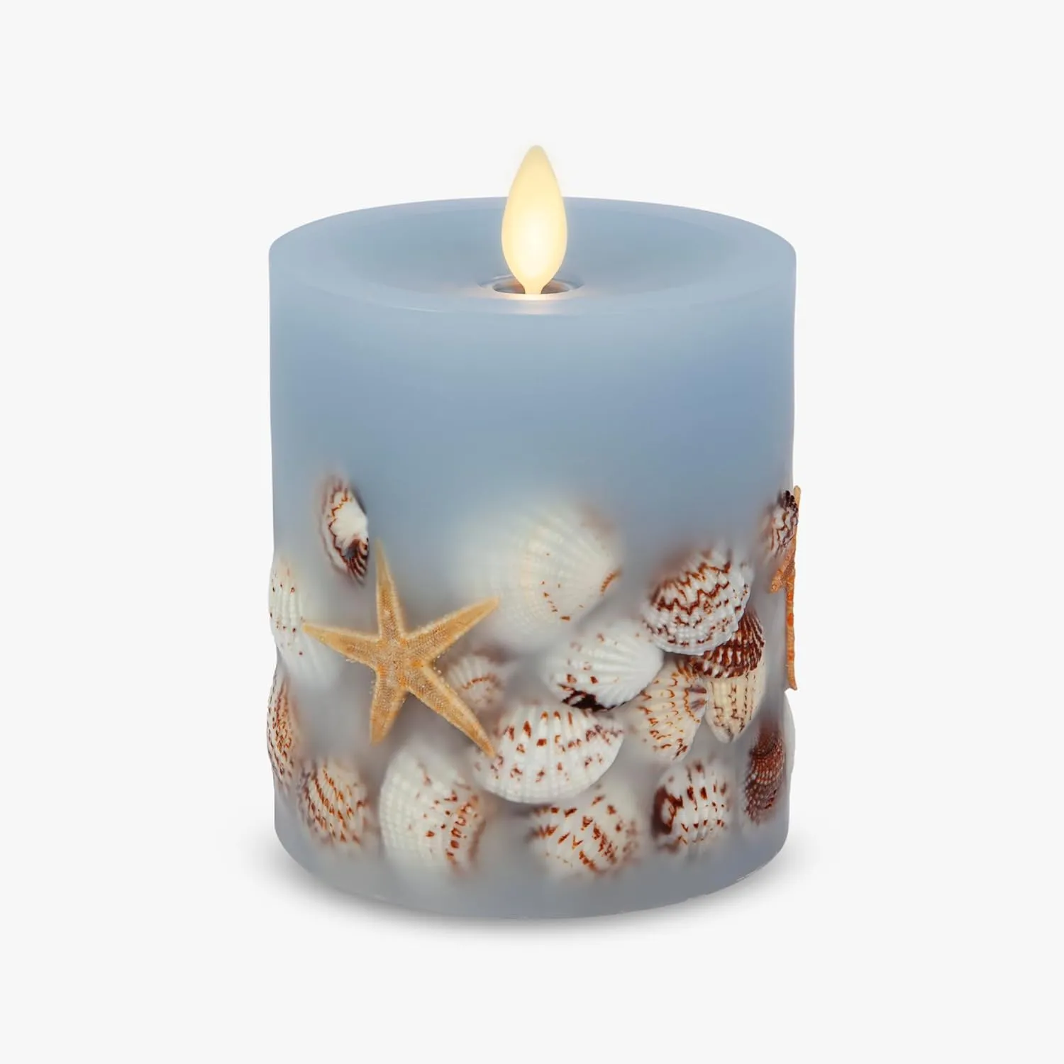 Luminara Flameless LED Candle Soft Chambray Embedded Seashell & Starfish Moving Flame Pillar Unscented Real Wax with Recessed Edge (4.5-inch)