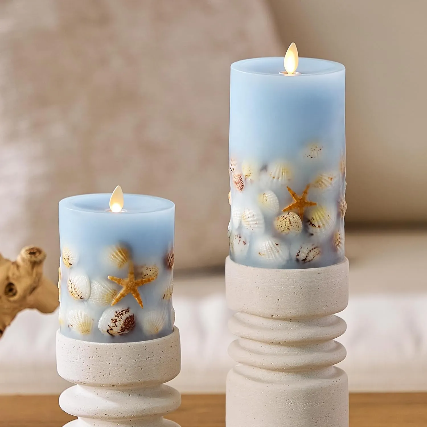 Luminara Flameless LED Candle Soft Chambray Embedded Seashell & Starfish Moving Flame Pillar Unscented Real Wax with Recessed Edge (4.5-inch)