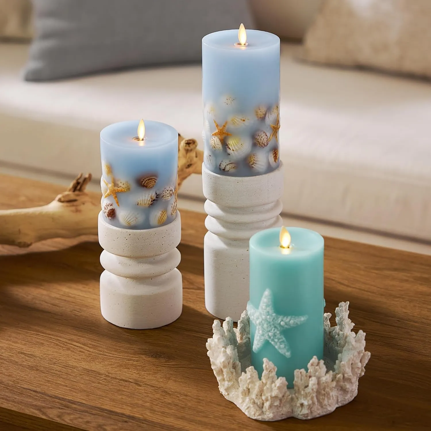 Luminara Flameless LED Candle Soft Chambray Embedded Seashell & Starfish Moving Flame Pillar Unscented Real Wax with Recessed Edge (4.5-inch)