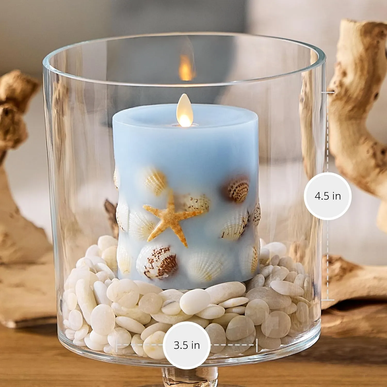 Luminara Flameless LED Candle Soft Chambray Embedded Seashell & Starfish Moving Flame Pillar Unscented Real Wax with Recessed Edge (4.5-inch)