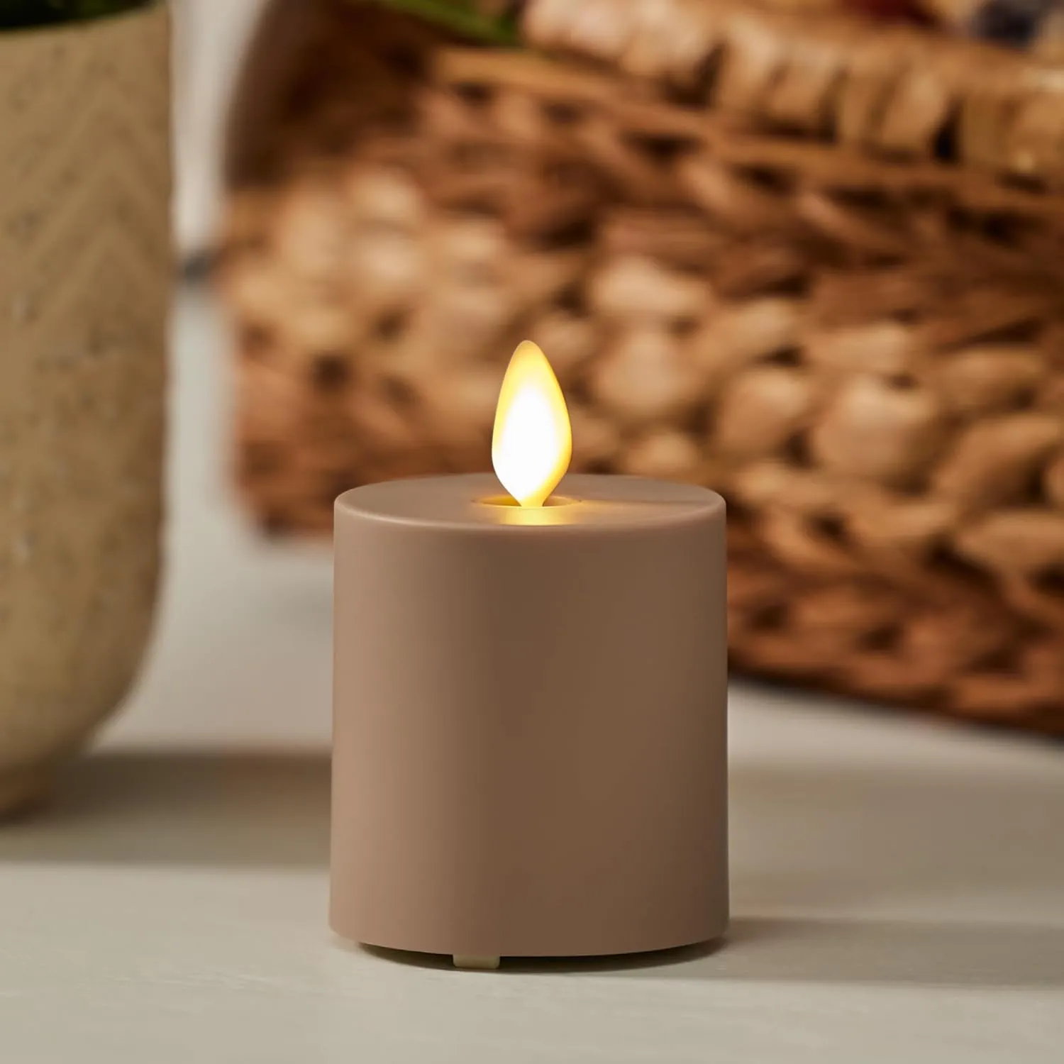 Luminara Outdoor Votive Flameless LED Candle, Timeless Taupe 2" x 3.2", Moving Flame Battery Operated Timer Remote Ready IPX4 Matte Plastic Finish