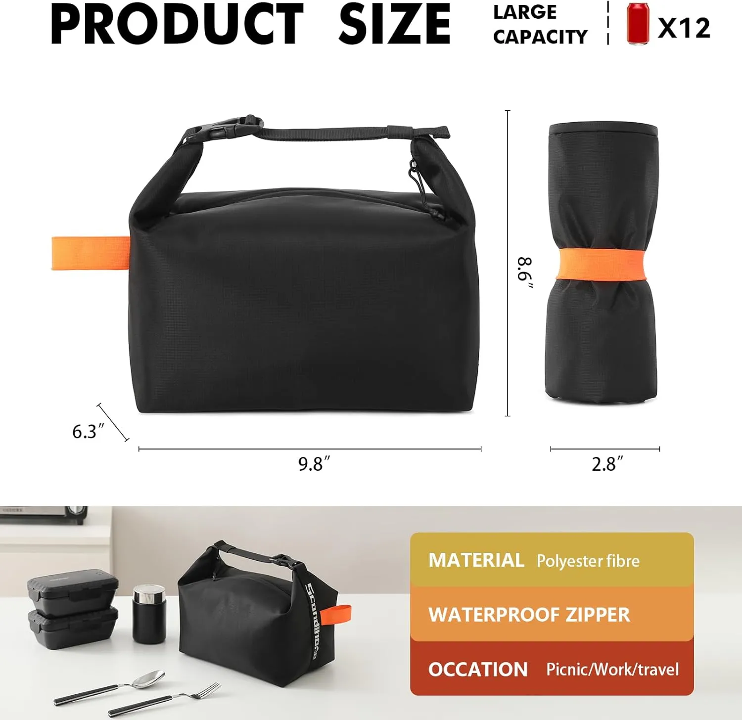 Lunch Bag for Women & Men Fresh Keep Lunch Box, Small Leakproof Cooler Bag Food Lunch Containers High Capacity Reusable Lunch Tote Bags for Work, Office, Picnic, Travel (Black)