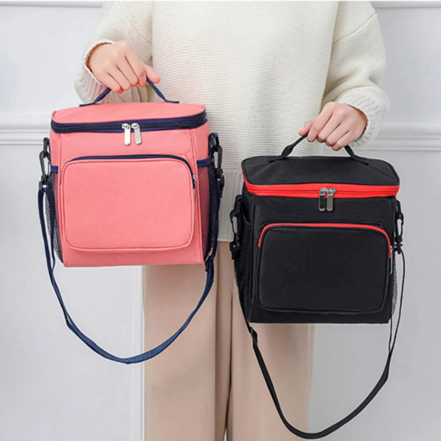 Lunch Bag for Women and Men,Leakproof Insulated Lunch Box Cooler Tote Bag with Adjustable Shoulder Strap Reusable Lunch Bags for Work, Picnic, Camping, Shopping(Black&Red)