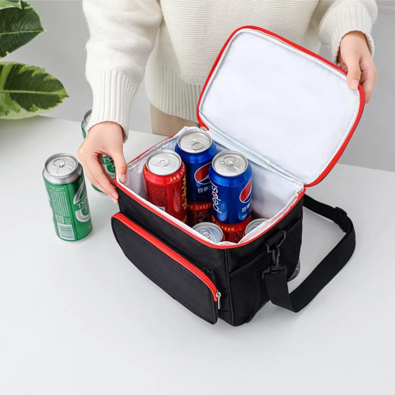 Lunch Bag for Women and Men,Leakproof Insulated Lunch Box Cooler Tote Bag with Adjustable Shoulder Strap Reusable Lunch Bags for Work, Picnic, Camping, Shopping(Black&Red)