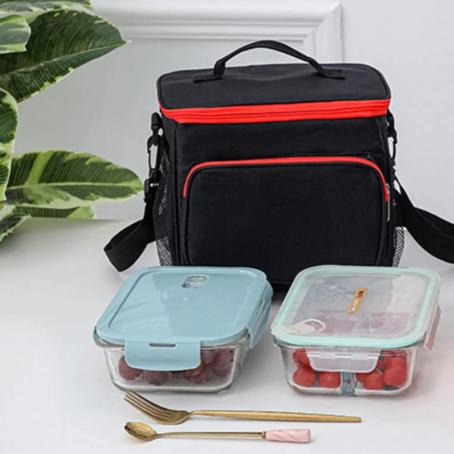 Lunch Bag for Women and Men,Leakproof Insulated Lunch Box Cooler Tote Bag with Adjustable Shoulder Strap Reusable Lunch Bags for Work, Picnic, Camping, Shopping(Black&Red)