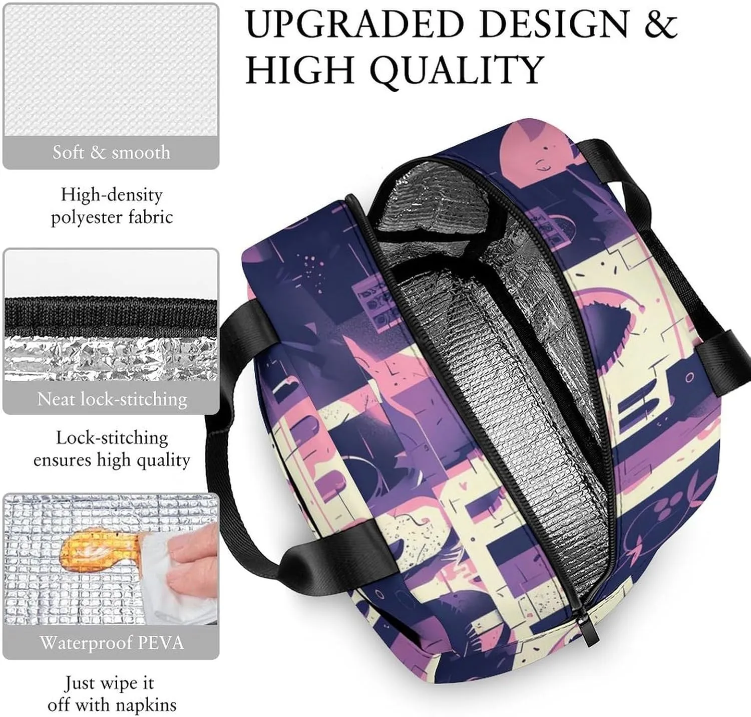 Lunch Bag Insulated Lunch Box for Women Men Reusable Lunch Tote Bag with Front Pocket Traditional Architecture Leakproof Cooler Bag Lunchbox for Office Work Travel Picnic, 22*20*13cm