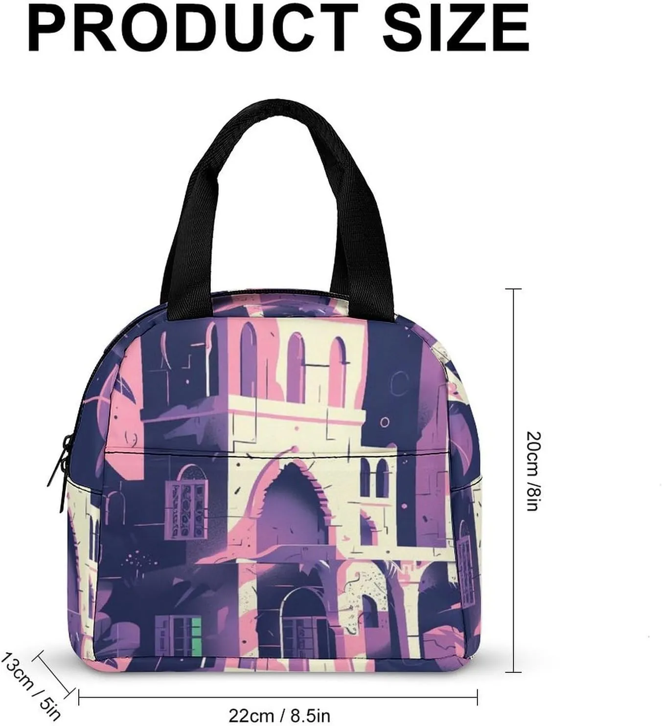 Lunch Bag Insulated Lunch Box for Women Men Reusable Lunch Tote Bag with Front Pocket Traditional Architecture Leakproof Cooler Bag Lunchbox for Office Work Travel Picnic, 22*20*13cm