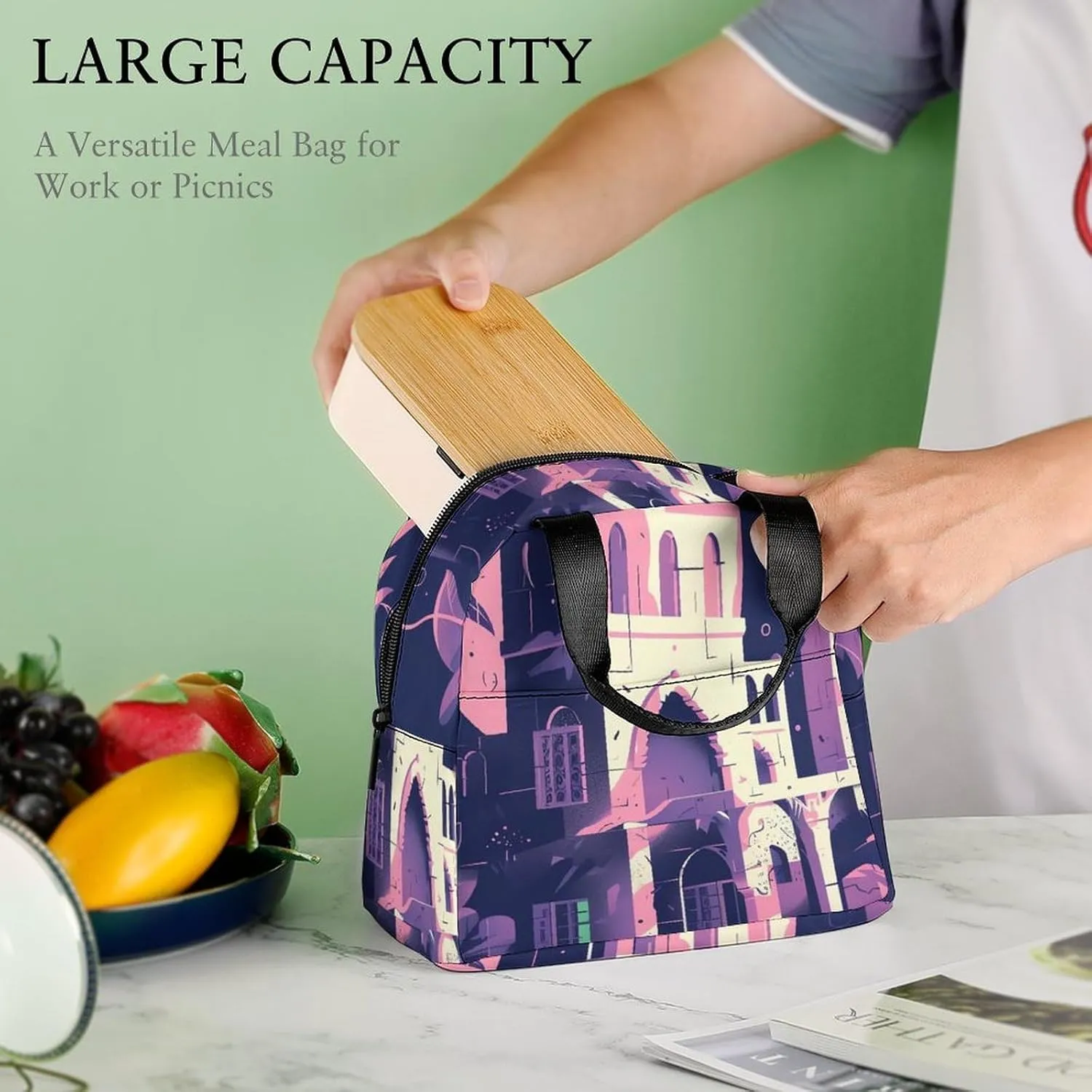 Lunch Bag Insulated Lunch Box for Women Men Reusable Lunch Tote Bag with Front Pocket Traditional Architecture Leakproof Cooler Bag Lunchbox for Office Work Travel Picnic, 22*20*13cm