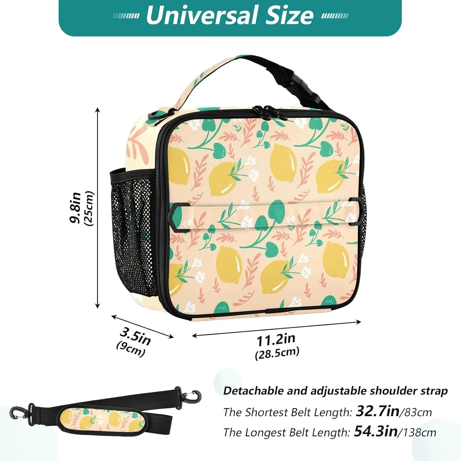 Lunch Bag Lunch Box for Women Men Insulated Cooler Bag Reusable Lunch Box Tote Bag with Strap for Work Picnic Lemon Floral