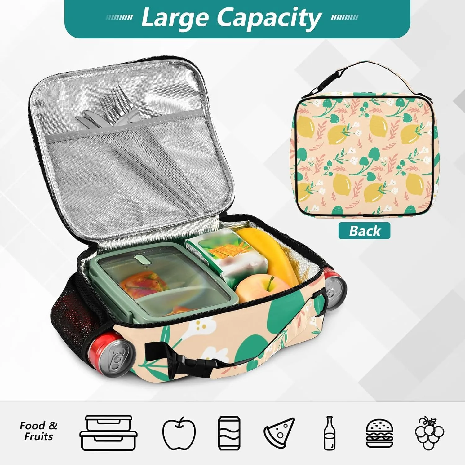 Lunch Bag Lunch Box for Women Men Insulated Cooler Bag Reusable Lunch Box Tote Bag with Strap for Work Picnic Lemon Floral