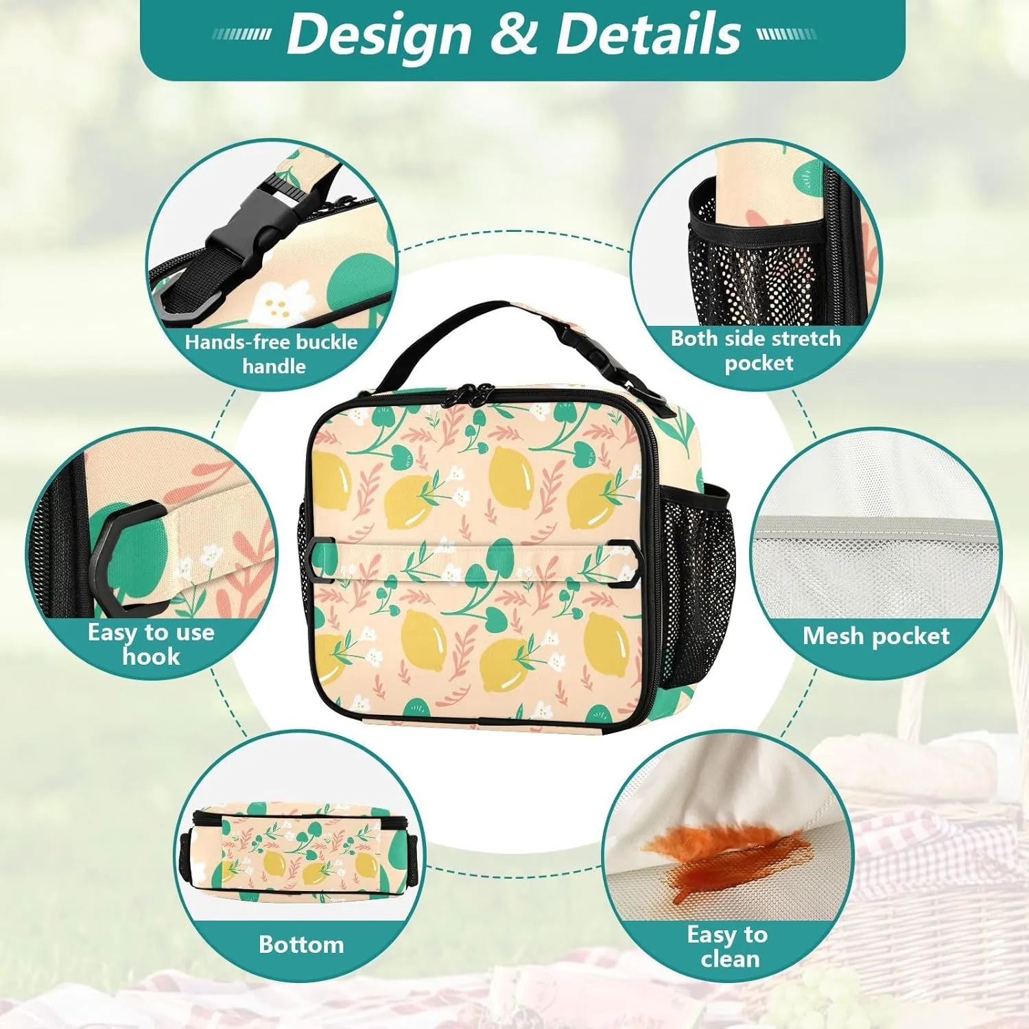 Lunch Bag Lunch Box for Women Men Insulated Cooler Bag Reusable Lunch Box Tote Bag with Strap for Work Picnic Lemon Floral