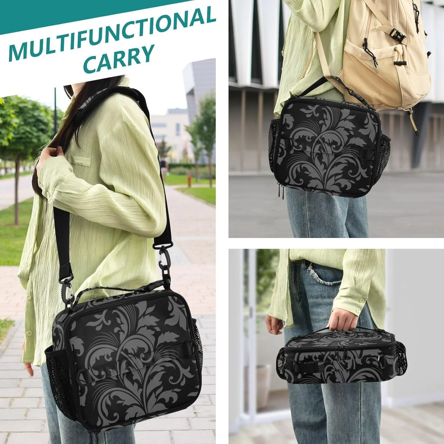 Lunch Bag Lunch Box for Women Men Insulated Cooler Bag Reusable Lunch Box Tote Bag with Strap for Work Picnic Retro Floral Black