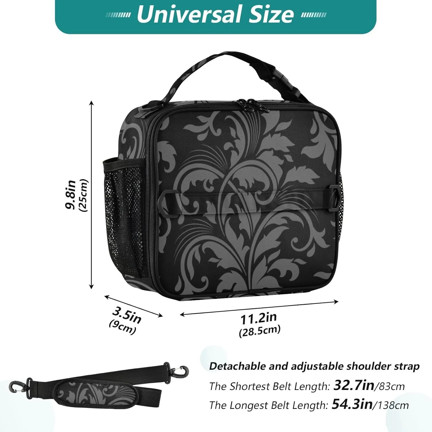 Lunch Bag Lunch Box for Women Men Insulated Cooler Bag Reusable Lunch Box Tote Bag with Strap for Work Picnic Retro Floral Black