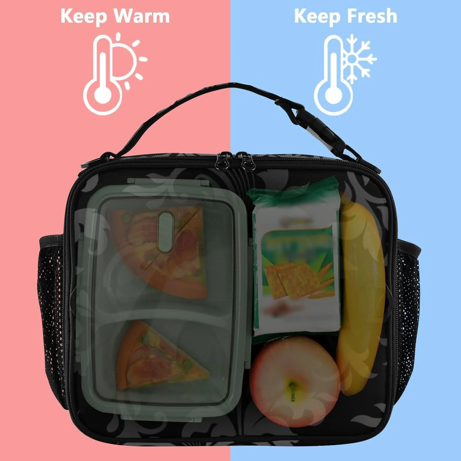 Lunch Bag Lunch Box for Women Men Insulated Cooler Bag Reusable Lunch Box Tote Bag with Strap for Work Picnic Retro Floral Black