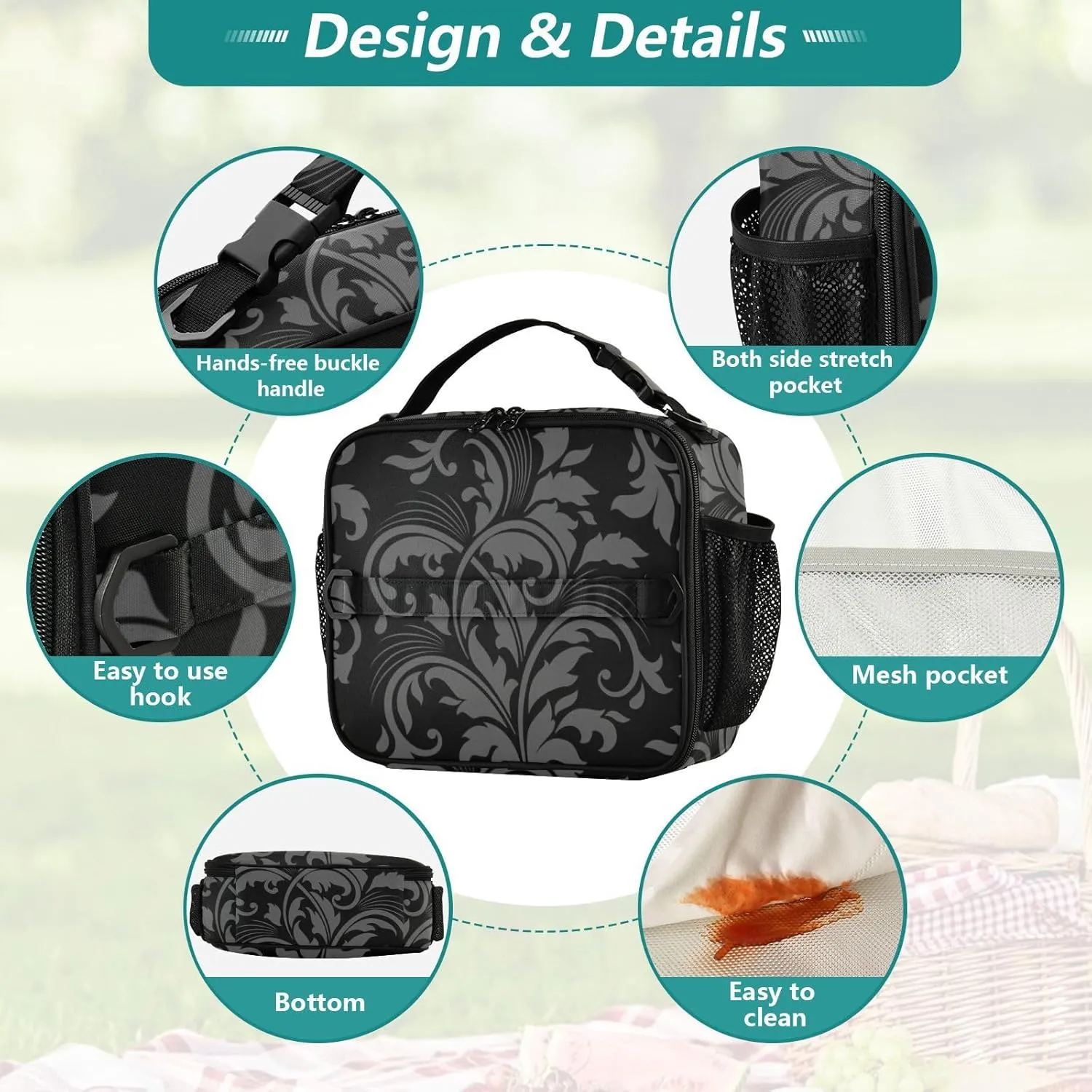 Lunch Bag Lunch Box for Women Men Insulated Cooler Bag Reusable Lunch Box Tote Bag with Strap for Work Picnic Retro Floral Black