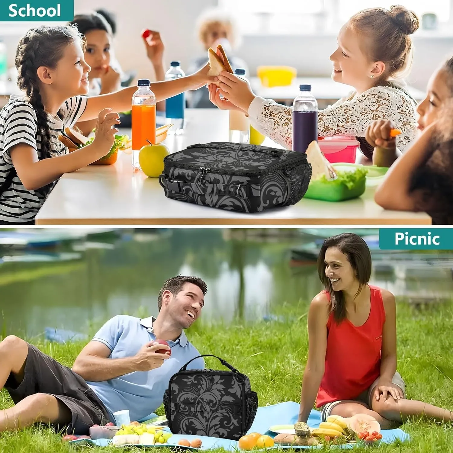 Lunch Bag Lunch Box for Women Men Insulated Cooler Bag Reusable Lunch Box Tote Bag with Strap for Work Picnic Retro Floral Black