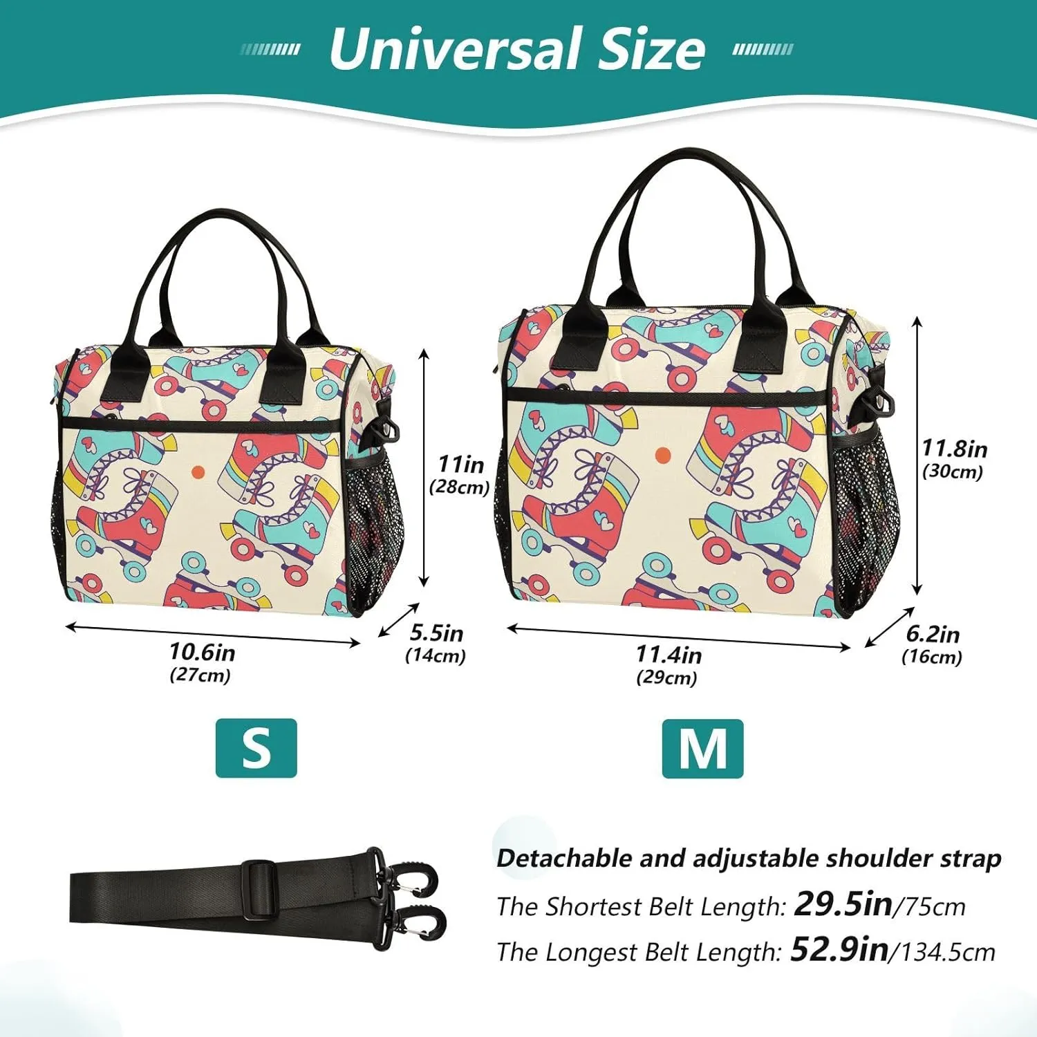 Lunch Bag Roller Skate Dot Insulated Lunch Box Reusable Lunch Tote Bag with Adjustable Shoulder Strap for Men Women M