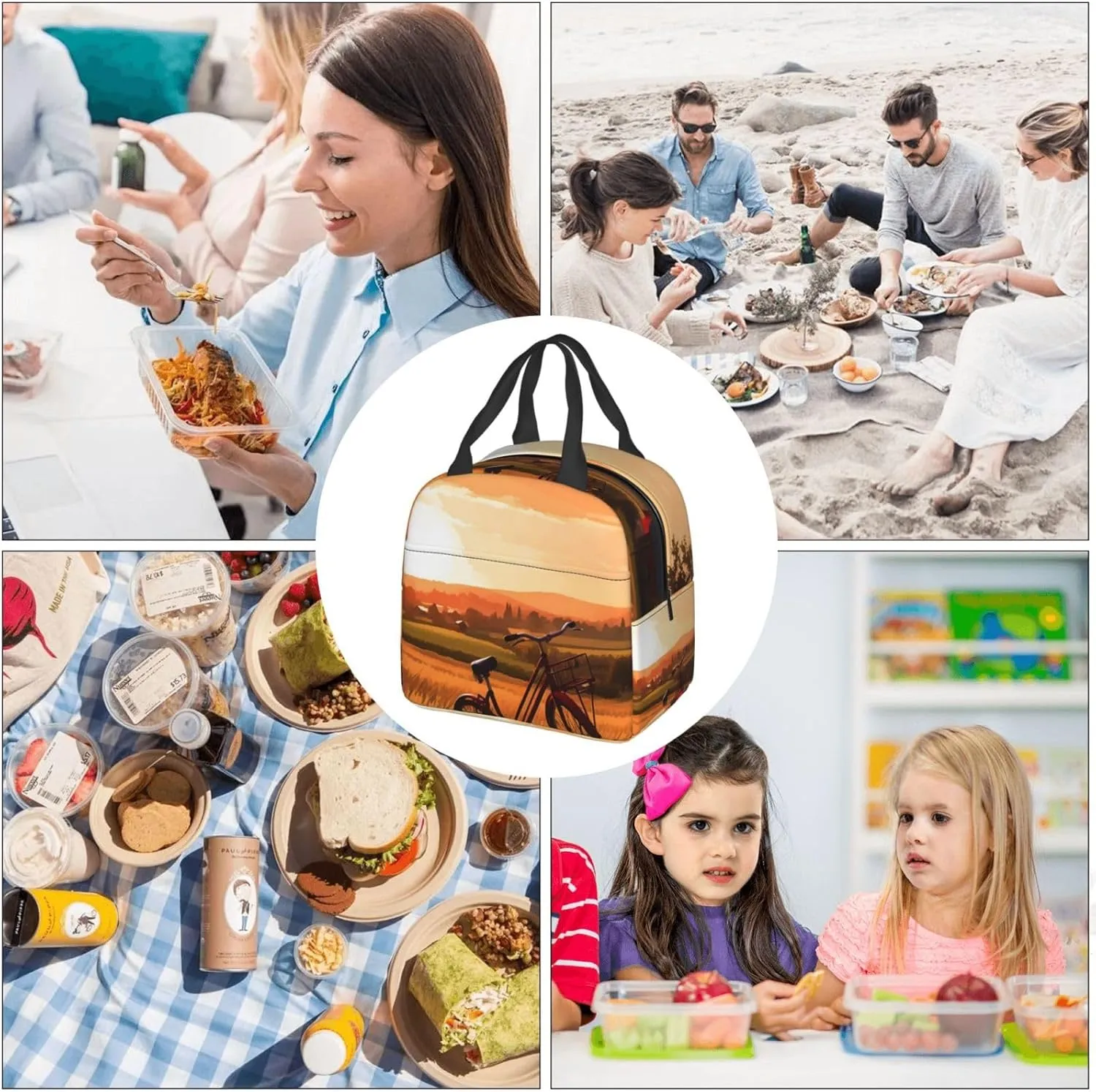 Lunch Bag Sunset Rural View Insulated Lunch Box for Women Men Reusable Lunch Tote Cooler Bag for Office Work