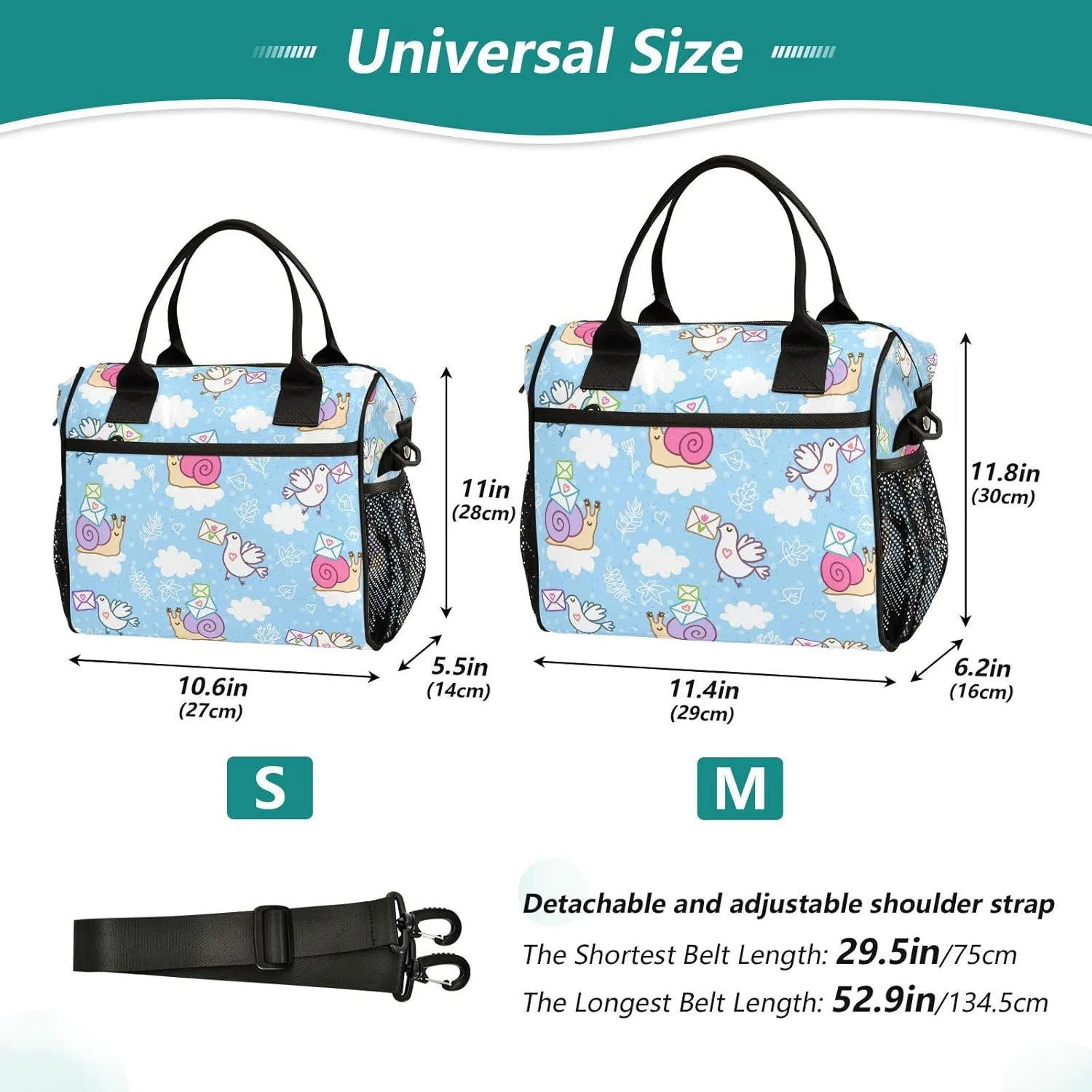 Lunch Bag with Shoulder Strap for Women Men Snail Mail and Pigeon Mail Insulated Lunch Box Travel Tote Bags Meal Prep Organizer for School Office Picnic M