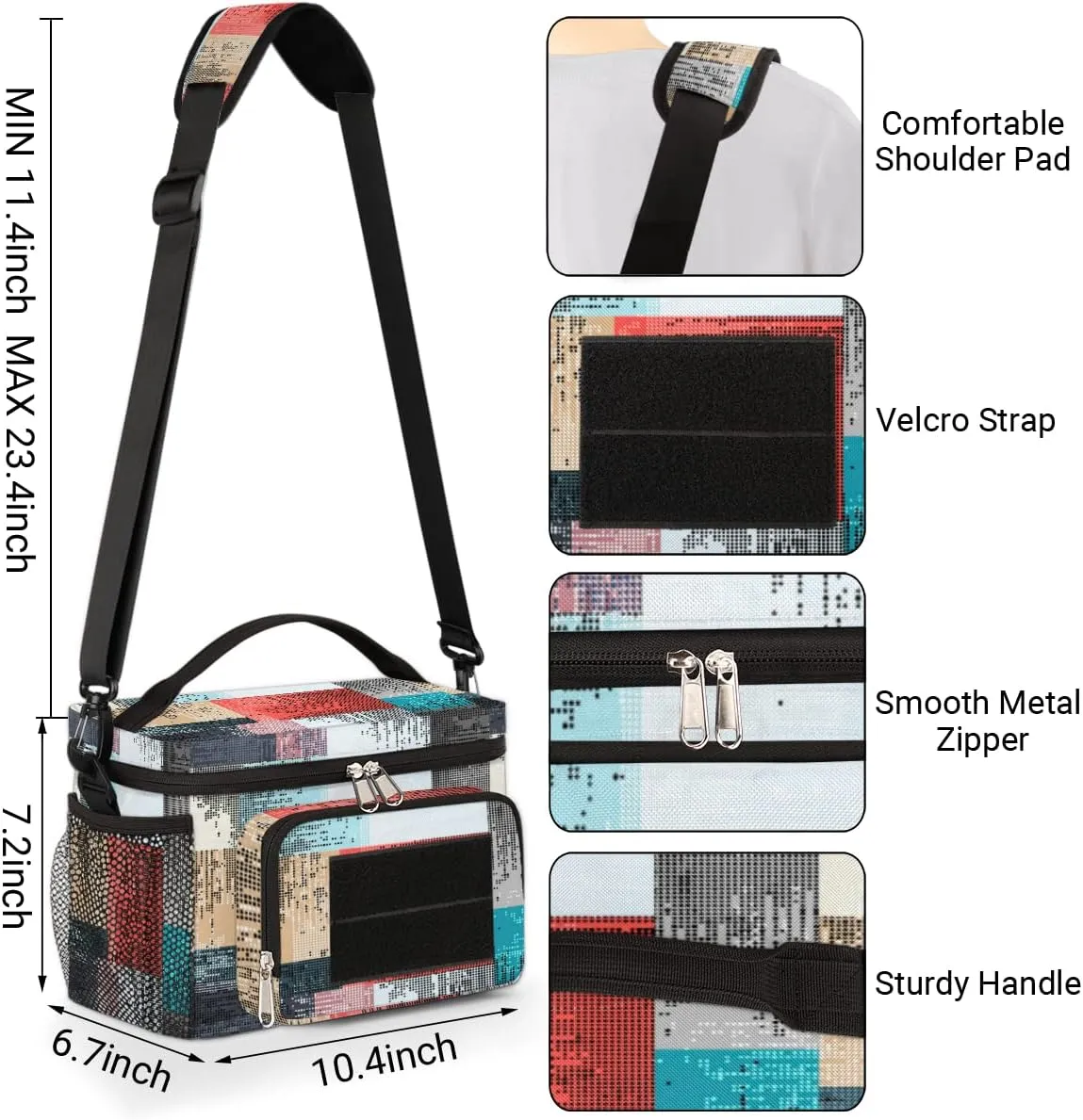 Lunch Bag Women Lunch Box,With Side Pockets And Shoulder Strap,Durable Lunch Tote Bag for Work Office Picnic Travel-Color Seamless Dot Matrix