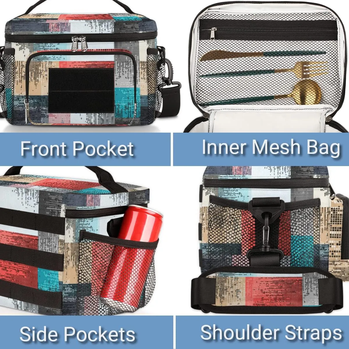 Lunch Bag Women Lunch Box,With Side Pockets And Shoulder Strap,Durable Lunch Tote Bag for Work Office Picnic Travel-Color Seamless Dot Matrix