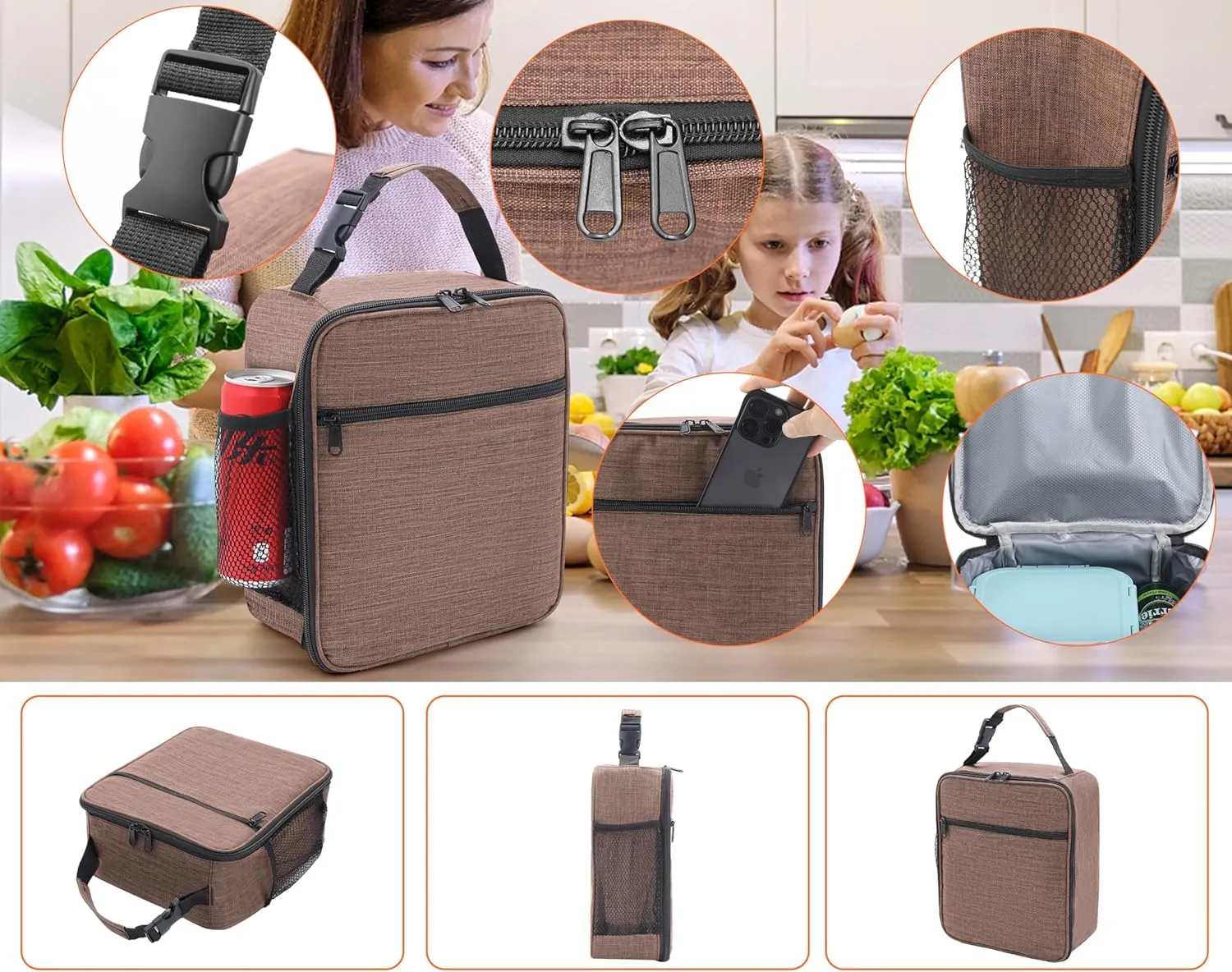 Lunch Box for Men - Reusable Lunch Bag Men Adult Women- Insulated Small LunchBox (Light Brown)