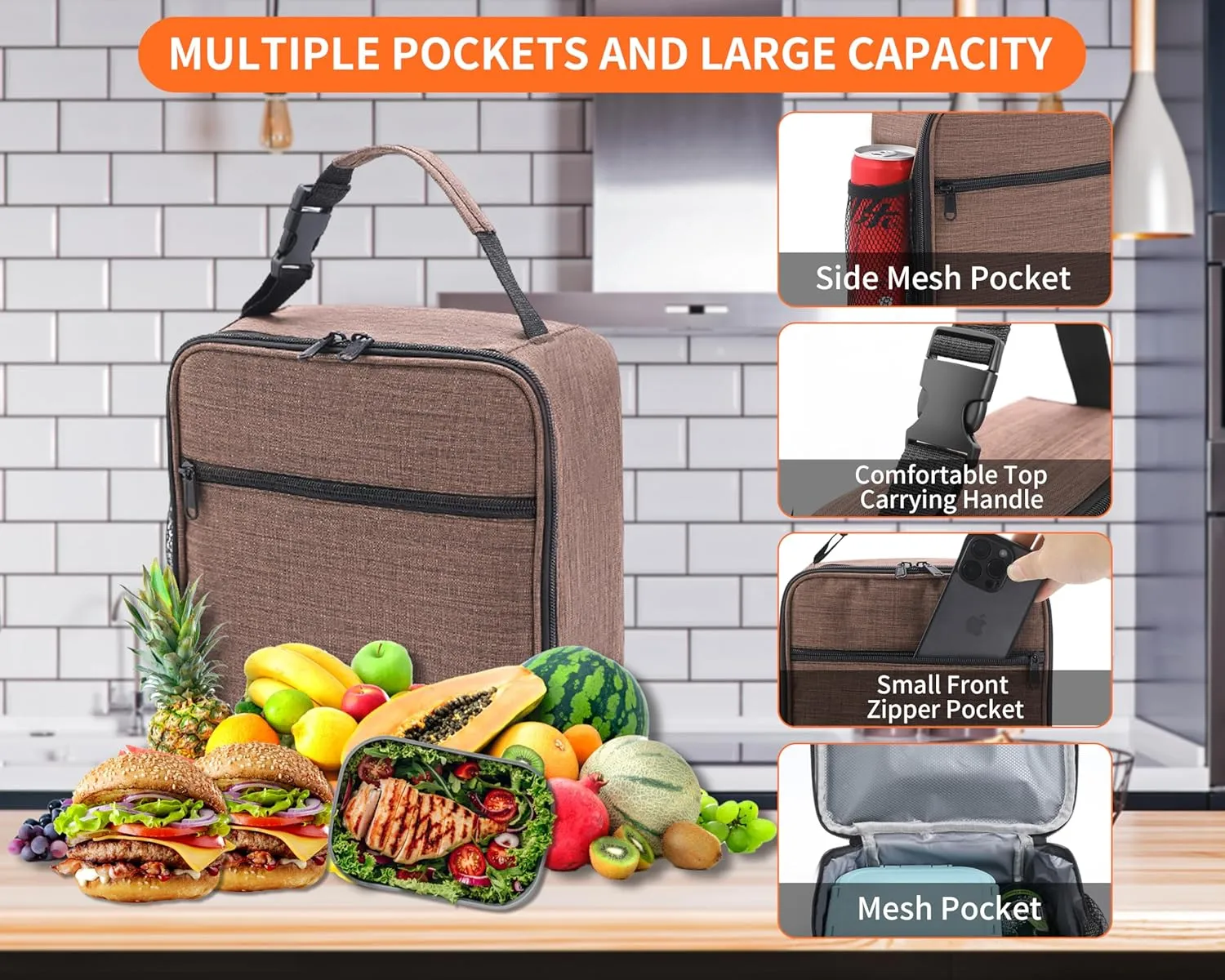 Lunch Box for Men - Reusable Lunch Bag Men Adult Women- Insulated Small LunchBox (Light Brown)