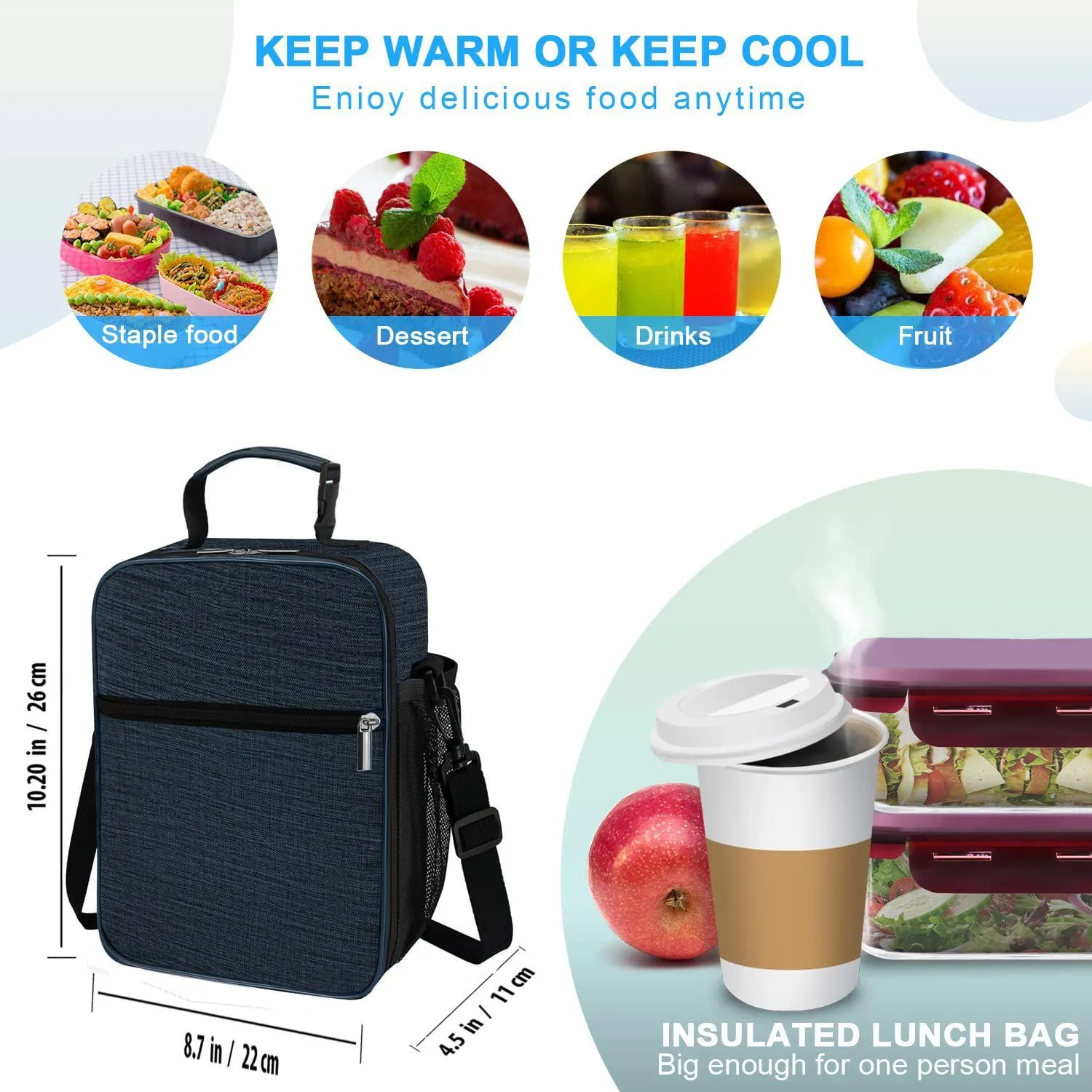 Lunch Box for Men - Reusable Lunch Bag Men Adult Women- Insulated Small LunchBox (Navy Blue(Shoulder Strap))