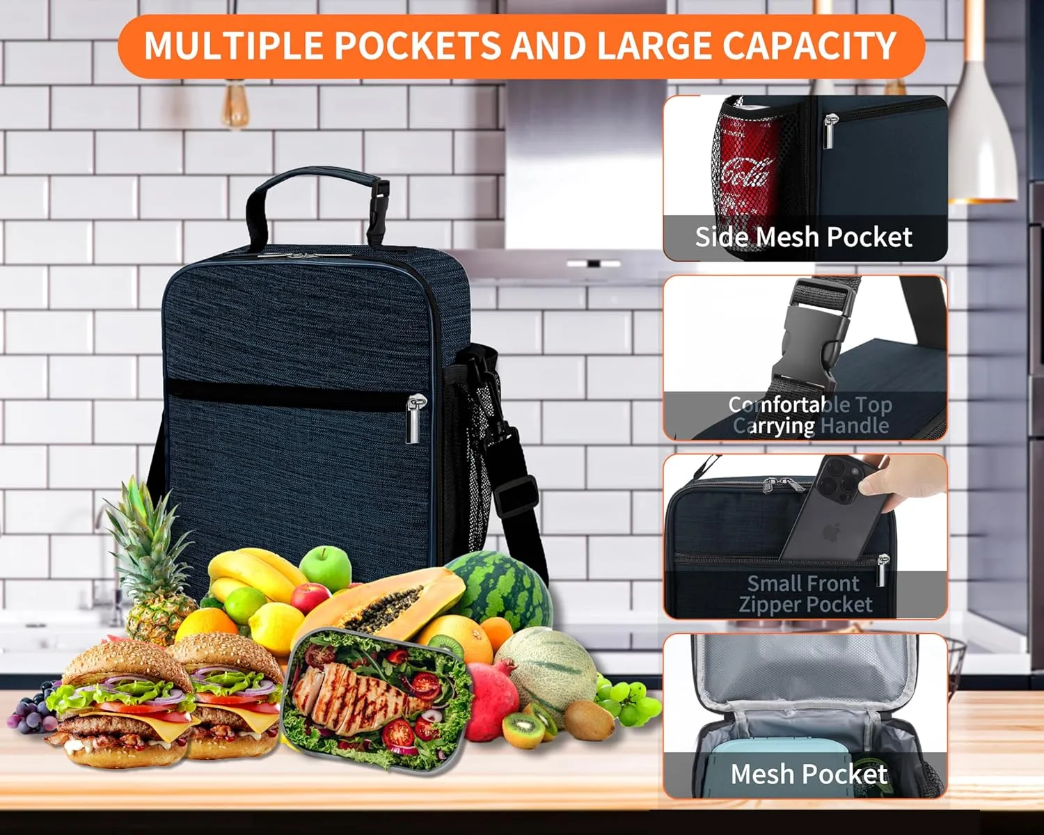 Lunch Box for Men - Reusable Lunch Bag Men Adult Women- Insulated Small LunchBox (Navy Blue(Shoulder Strap))
