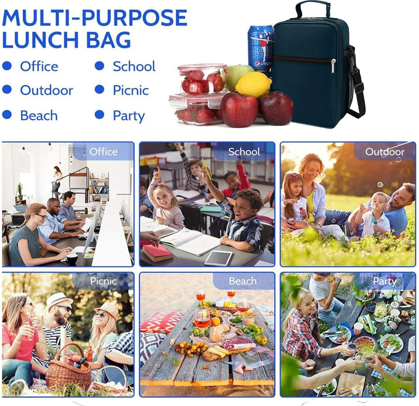 Lunch Box for Men - Reusable Lunch Bag Men Adult Women- Insulated Small LunchBox (Navy Blue(Shoulder Strap))