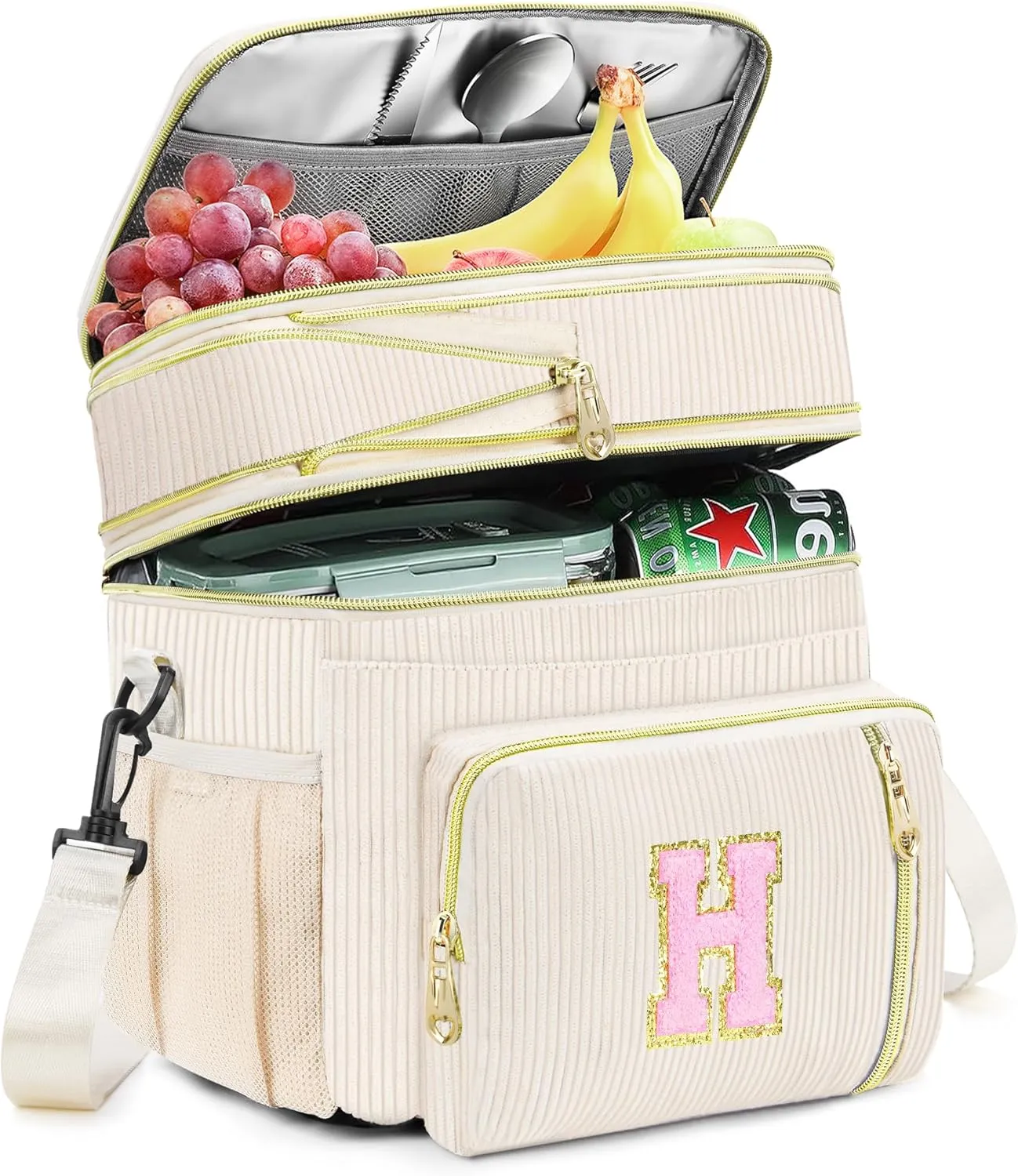 Lunch Box for Women Insulated Lunch Bag-16L-Leakproof Cooler Bag Personalized Adult Lunch Box with Adjustable Shoulder Strap, Gift for Women/Stuff/Teacher for Work Picnin Travel, Beige, Initial H