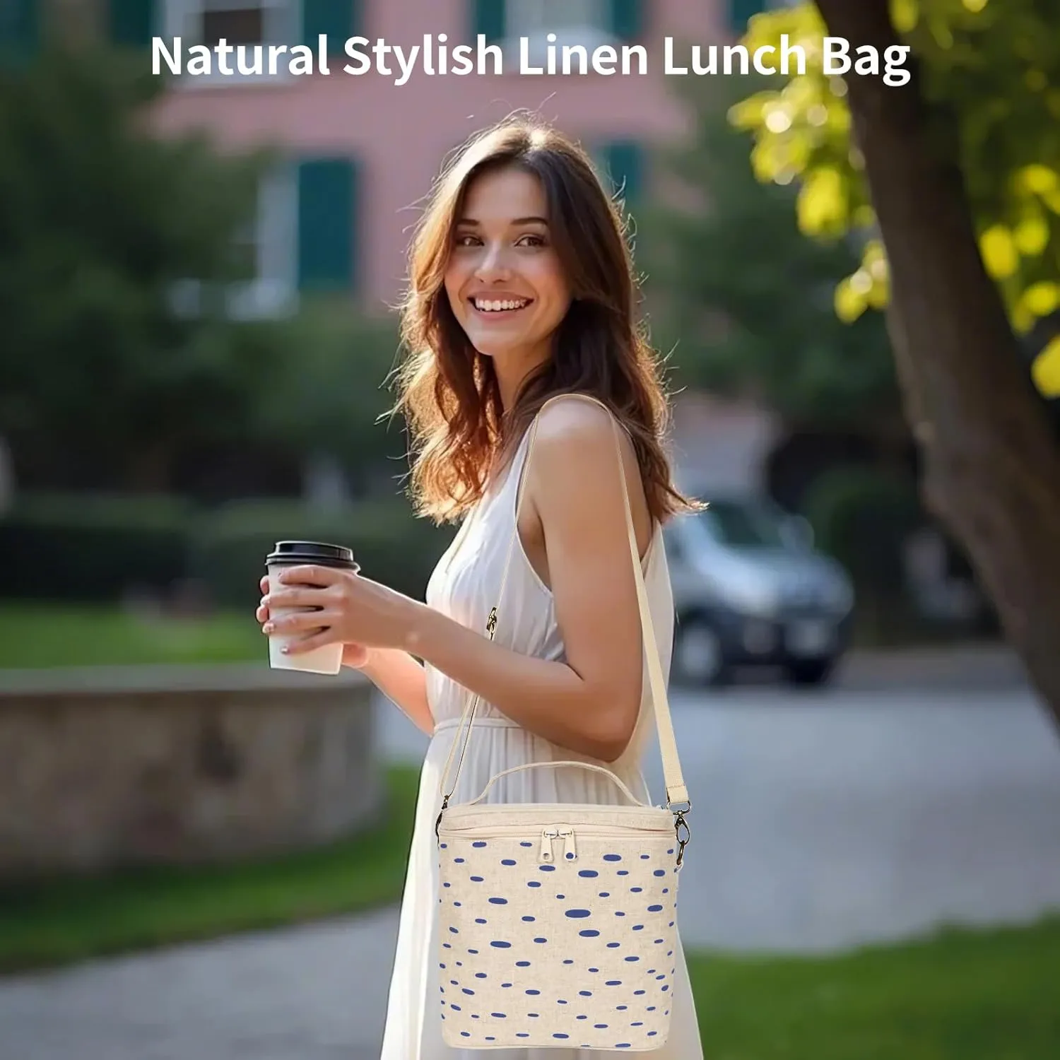Lunch Box For Women, Thermal Bag with Double Zipper Close and adjustable shoulder strap, Large Tote Lunch Bag for Work, Travel & Picnic (Blue Thick Dot)