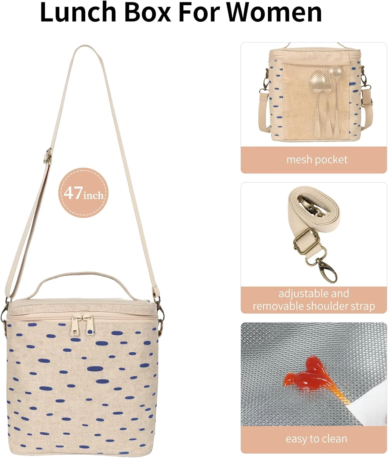 Lunch Box For Women, Thermal Bag with Double Zipper Close and adjustable shoulder strap, Large Tote Lunch Bag for Work, Travel & Picnic (Blue Thick Dot)