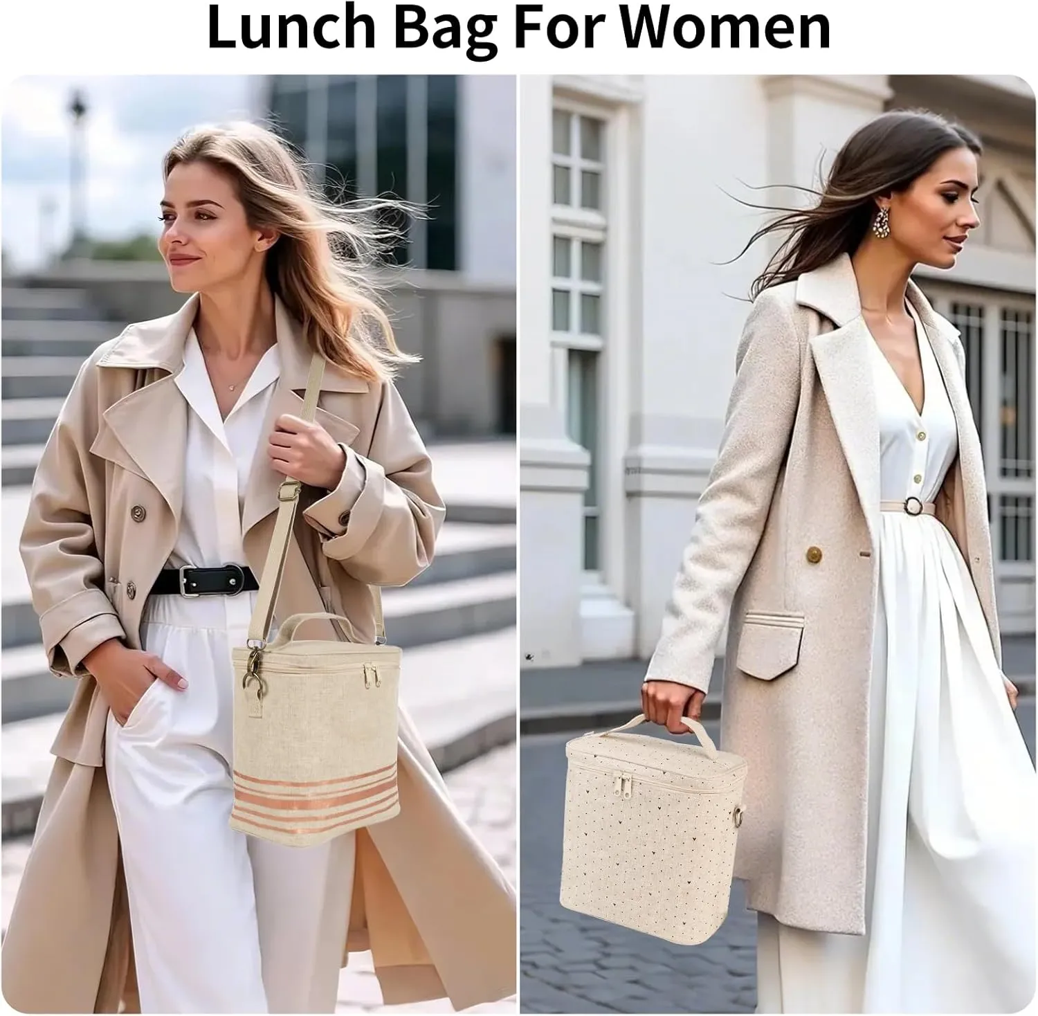 Lunch Box For Women, Thermal Bag with Double Zipper Close and adjustable shoulder strap, Large Tote Lunch Bag for Work, Travel & Picnic (Blue Thick Dot)