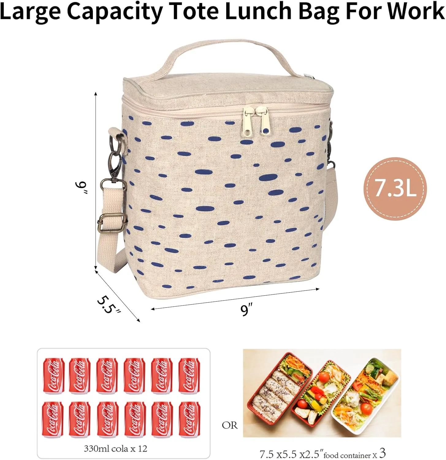 Lunch Box For Women, Thermal Bag with Double Zipper Close and adjustable shoulder strap, Large Tote Lunch Bag for Work, Travel & Picnic (Blue Thick Dot)