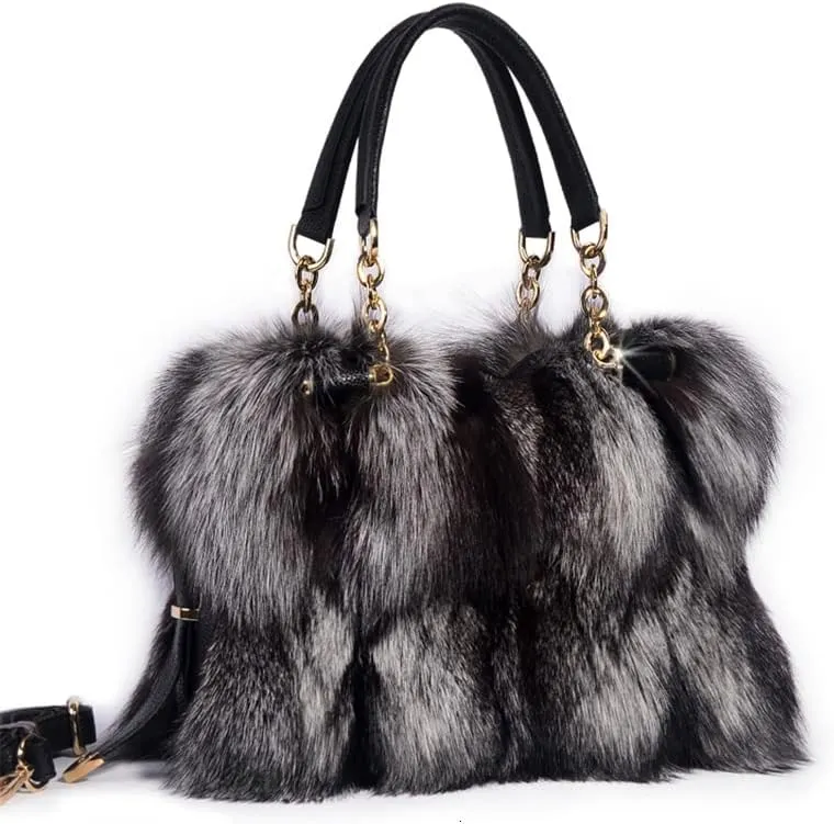 Luxury Real Fox Fur Women Tote Bag Shoulder Bag Winter Evening Party Bag Ladies Purses and HandBags