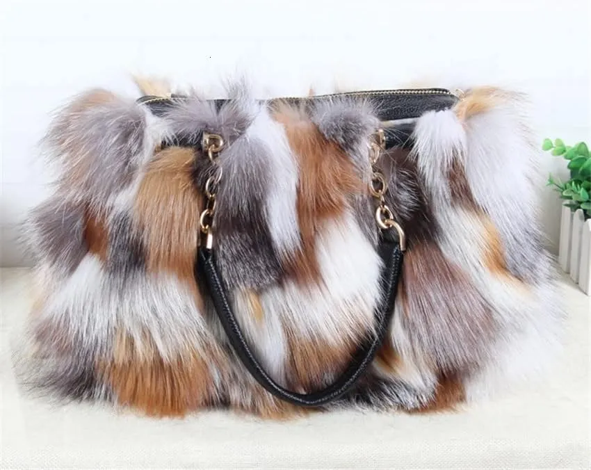 Luxury Real Fox Fur Women Tote Bag Shoulder Bag Winter Evening Party Bag Ladies Purses and HandBags