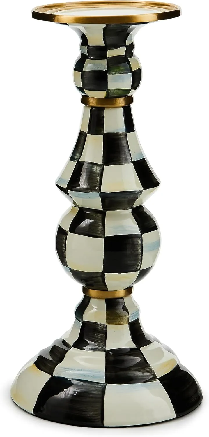 MACKENZIE-CHILDS Courtly Check Enamel Pillar Candlestick, Cute Black-and-White Pillar Candle Stand, Large