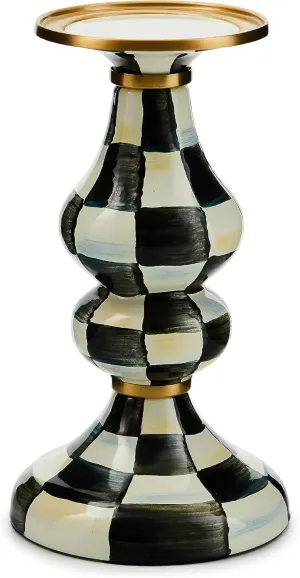 MACKENZIE-CHILDS Courtly Check Enamel Pillar Candlestick, Cute Black-and-White Pillar Candle Stand, Medium
