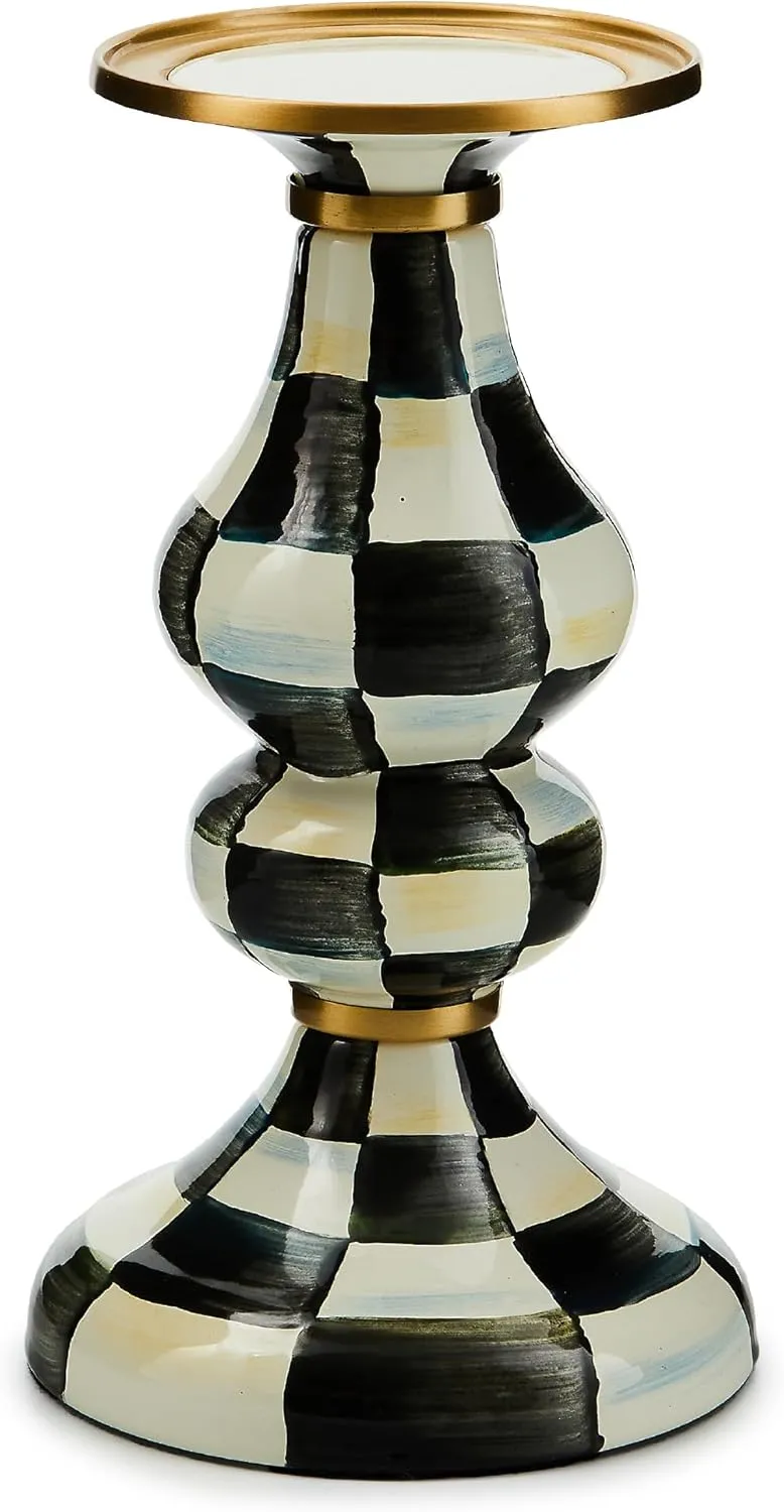 MACKENZIE-CHILDS Courtly Check Enamel Pillar Candlestick, Cute Black-and-White Pillar Candle Stand, Medium